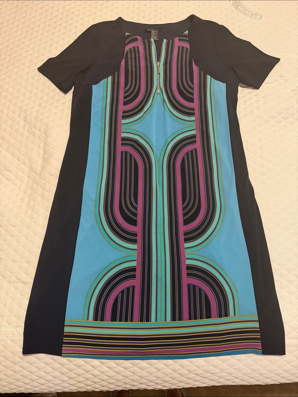 Etcetera Navy Knee Length Dress with Turquoise and Purple Geometric Panel